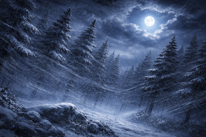 Snowstorm under the full moon